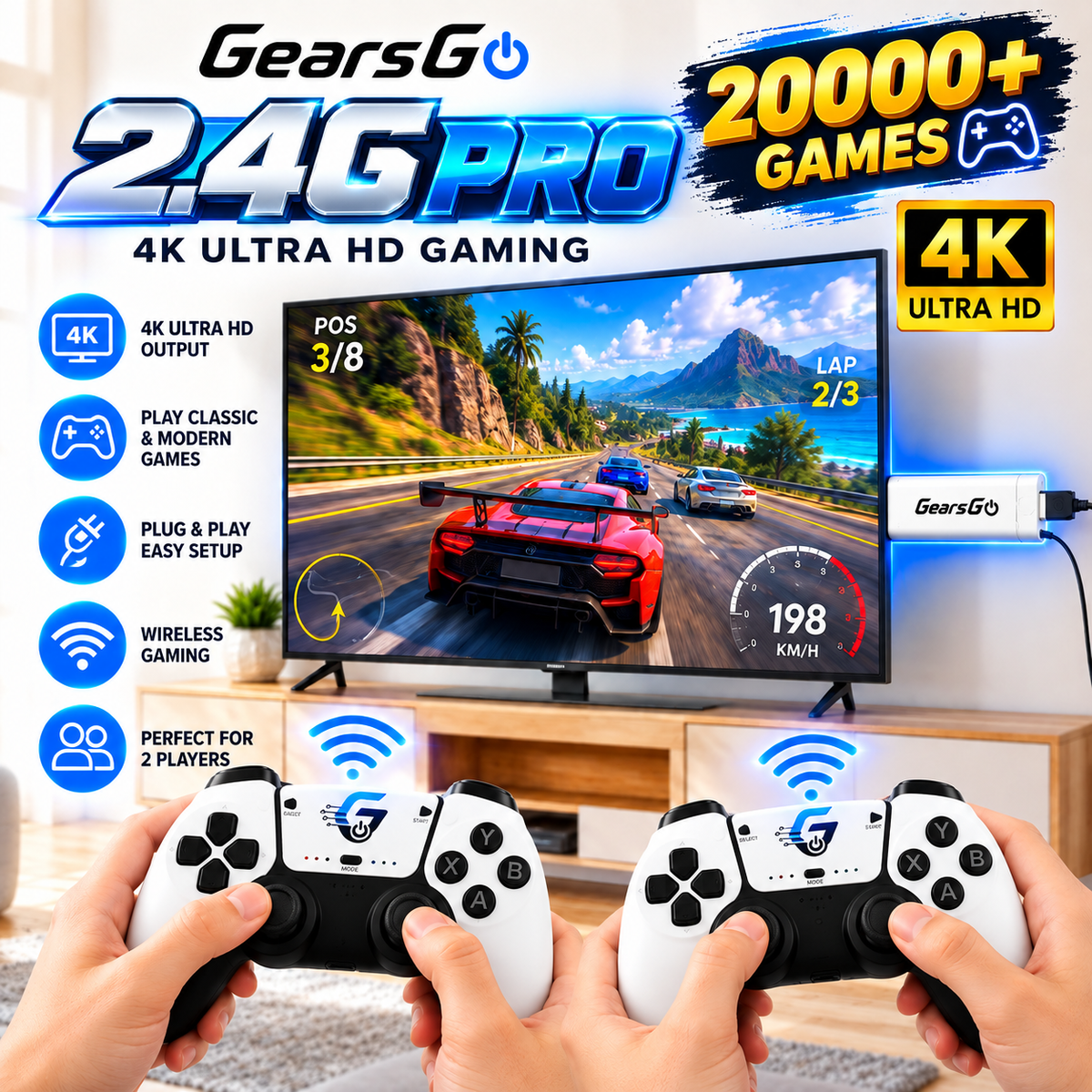 GearsGo™ 2.4G PRO 4K Game Stick | 20,000+ Built-in Games | 2 Rechargeable Wireless Controllers