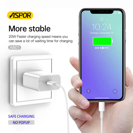 Aspor A801 New 20W USB-C Fast Charging QC 3.0 Charger – White