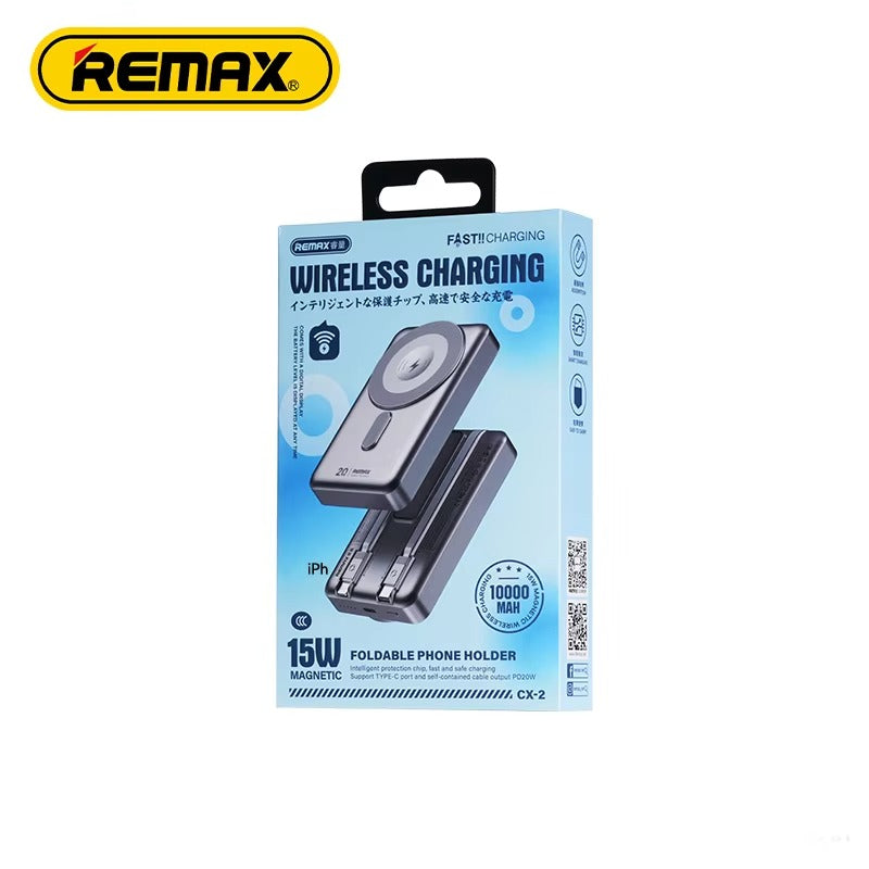 Remax CX-2 10000mAh 15W Magnetic Wireless Power Bank with Foldable Stand | 20W PD Fast Charging | Silver