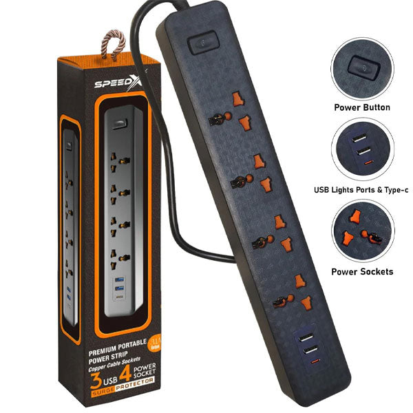 Speed-X 403PUC Premium Portable Power Strip – 4 Sockets, 2 USB-A & 1 USB-C Port