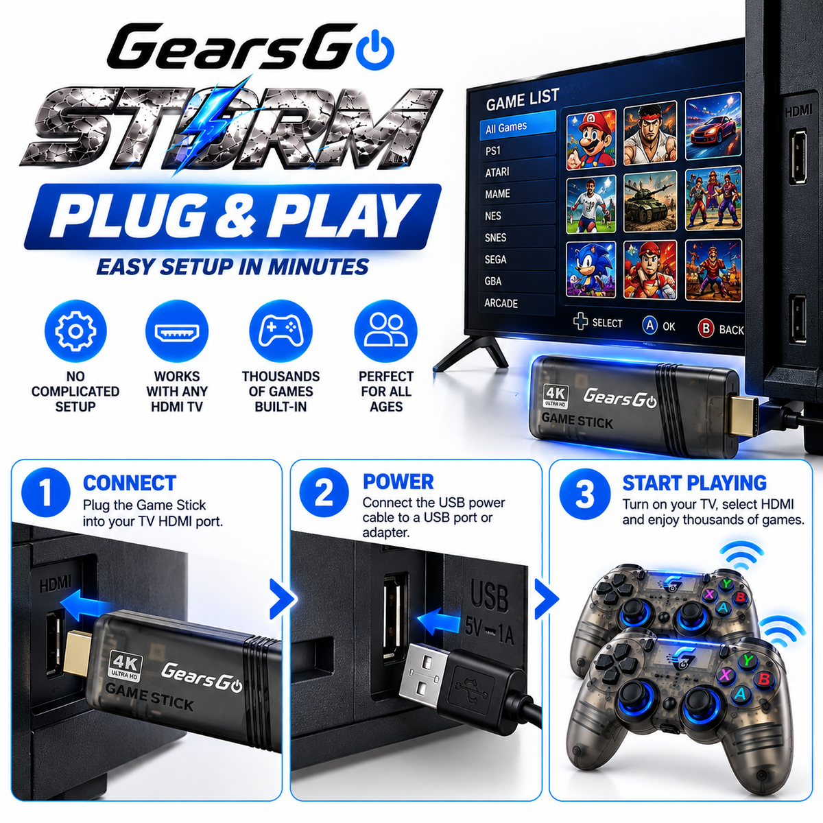 GearsGO™ STORM Premium 4K Game Stick | 30,000+ Games | 2 Rechargeable Controllers