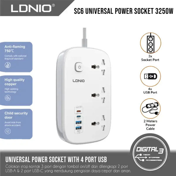 LDNIO SC6 45W GaN Fast Charging 3250W Power Extension – Smart Power Hub for Home & Office