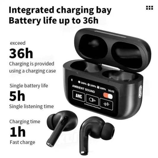 A9 Pro Wireless Earbuds with ANC/ENC Display & Touch Control – Bluetooth 5.4 Earbuds Black