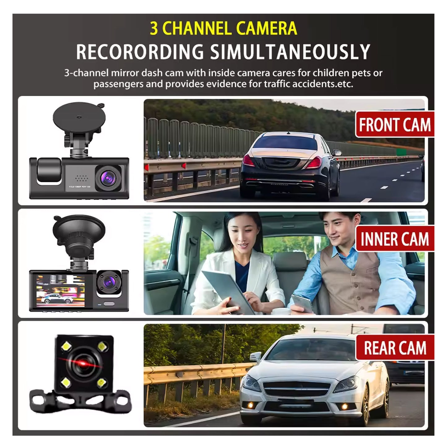 Y16 3-Channel Dash Cam HD 1080P – 170° Ultra-Wide Angle Front, Interior & Rear Car DVR Camera with Night Vision