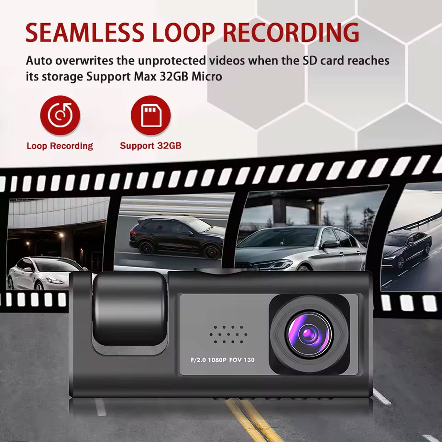 Y16 3-Channel Dash Cam HD 1080P – 170° Ultra-Wide Angle Front, Interior & Rear Car DVR Camera with Night Vision