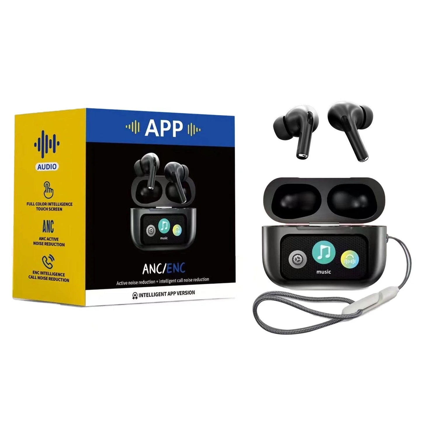 A9 Pro Wireless Earbuds with ANC/ENC Display & Touch Control – Bluetooth 5.4 Earbuds Black