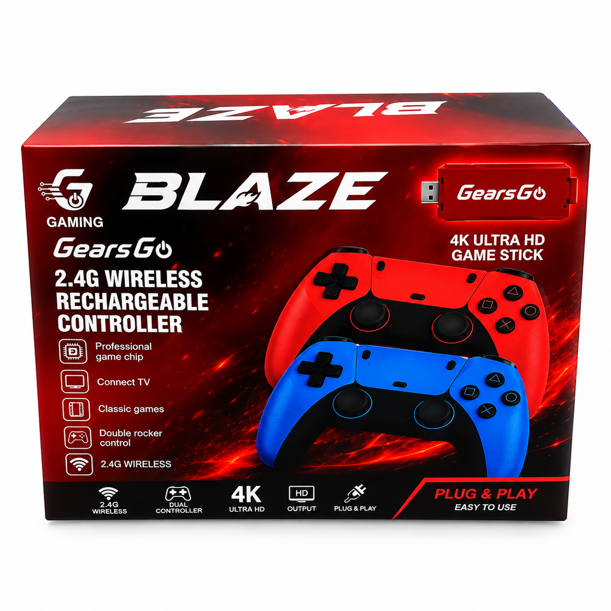 GearsGO™ BLAZE 4K Game Stick – 20,000+ Classic Games | 2 Rechargeable Wireless Controllers