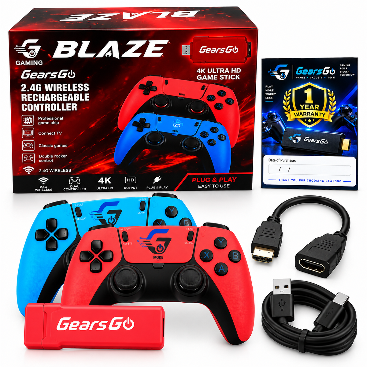 GearsGO™ BLAZE 4K Game Stick – 20,000+ Classic Games | 2 Rechargeable Wireless Controllers