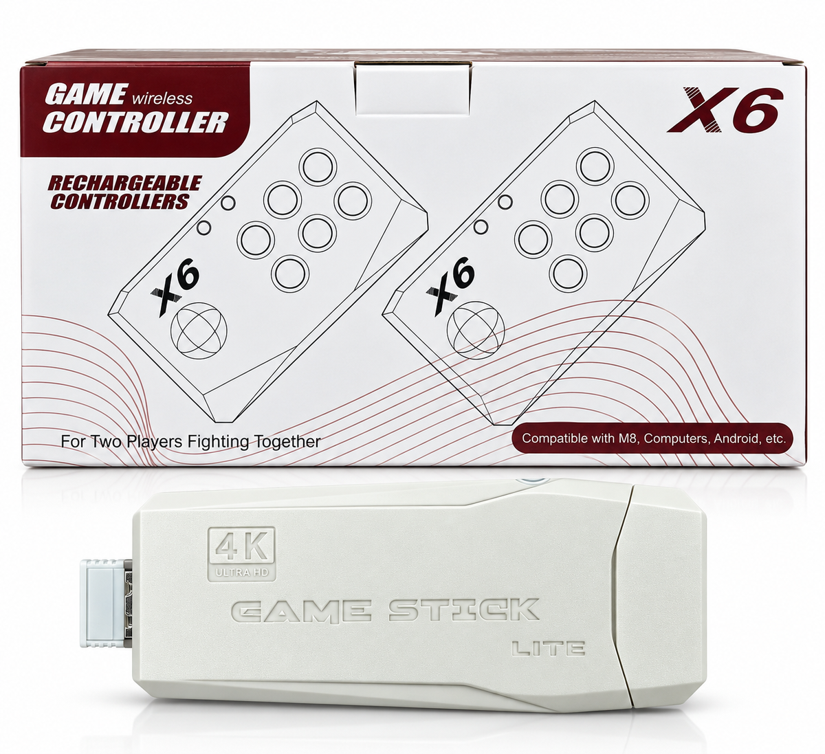 X6 Game Stick 8K Console 64GB with Dual 2.4G Wireless Rechargeable  Controllers – 22000+ Games