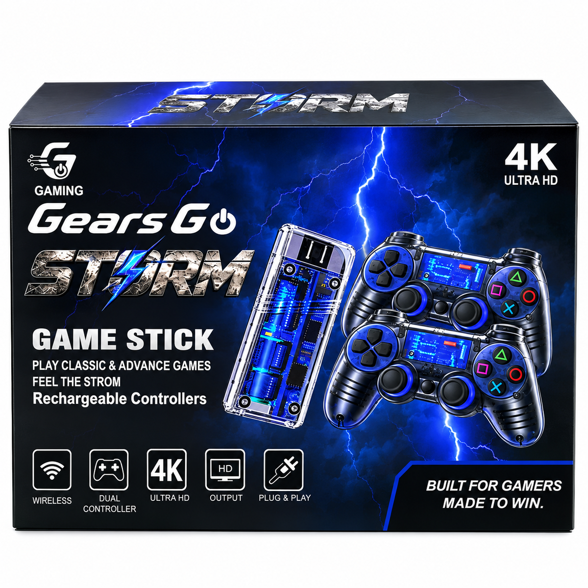 GearsGO™ STORM Premium 4K Game Stick | 30,000+ Games | 2 Rechargeable Controllers