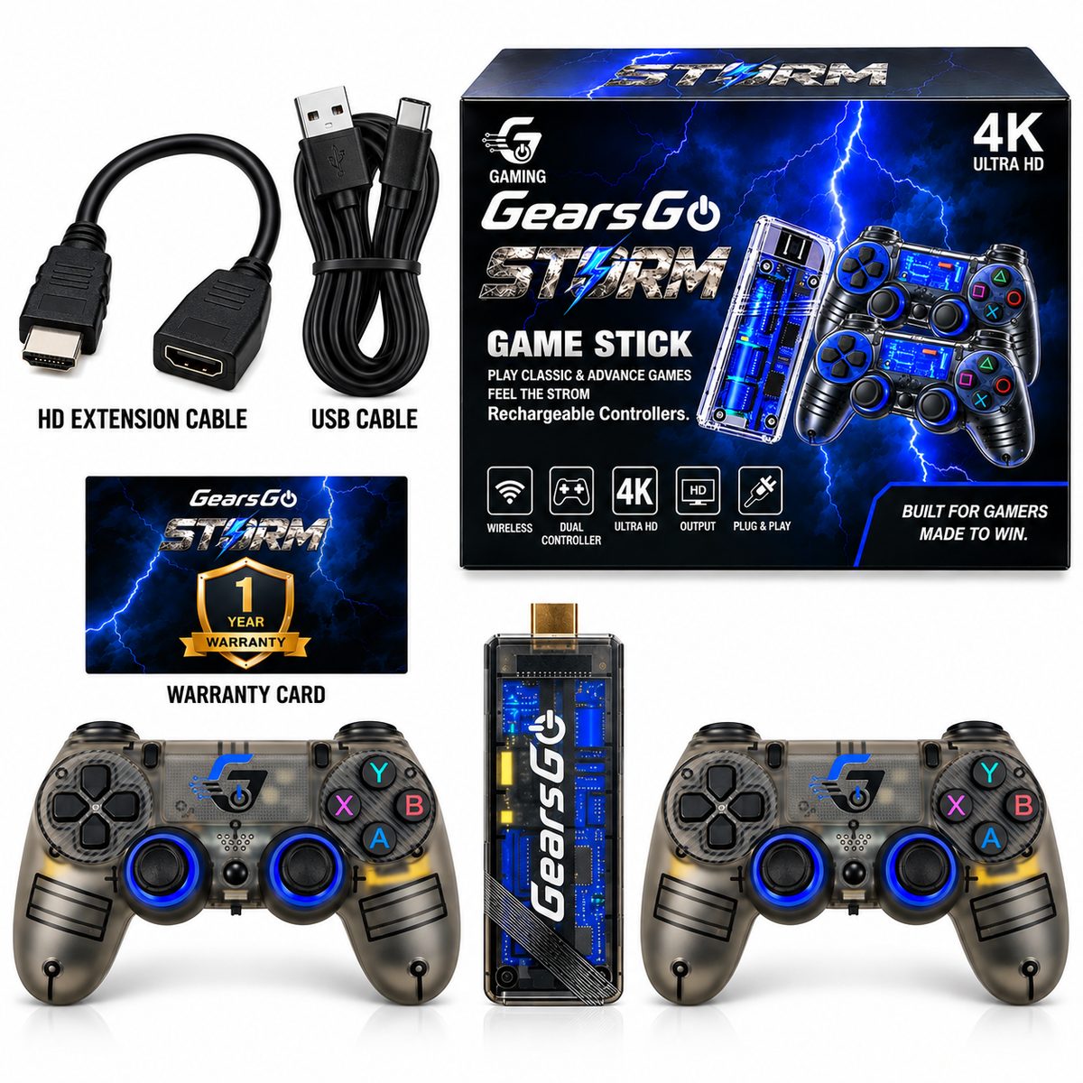 GearsGO™ STORM Premium 4K Game Stick | 30,000+ Games | 2 Rechargeable Controllers