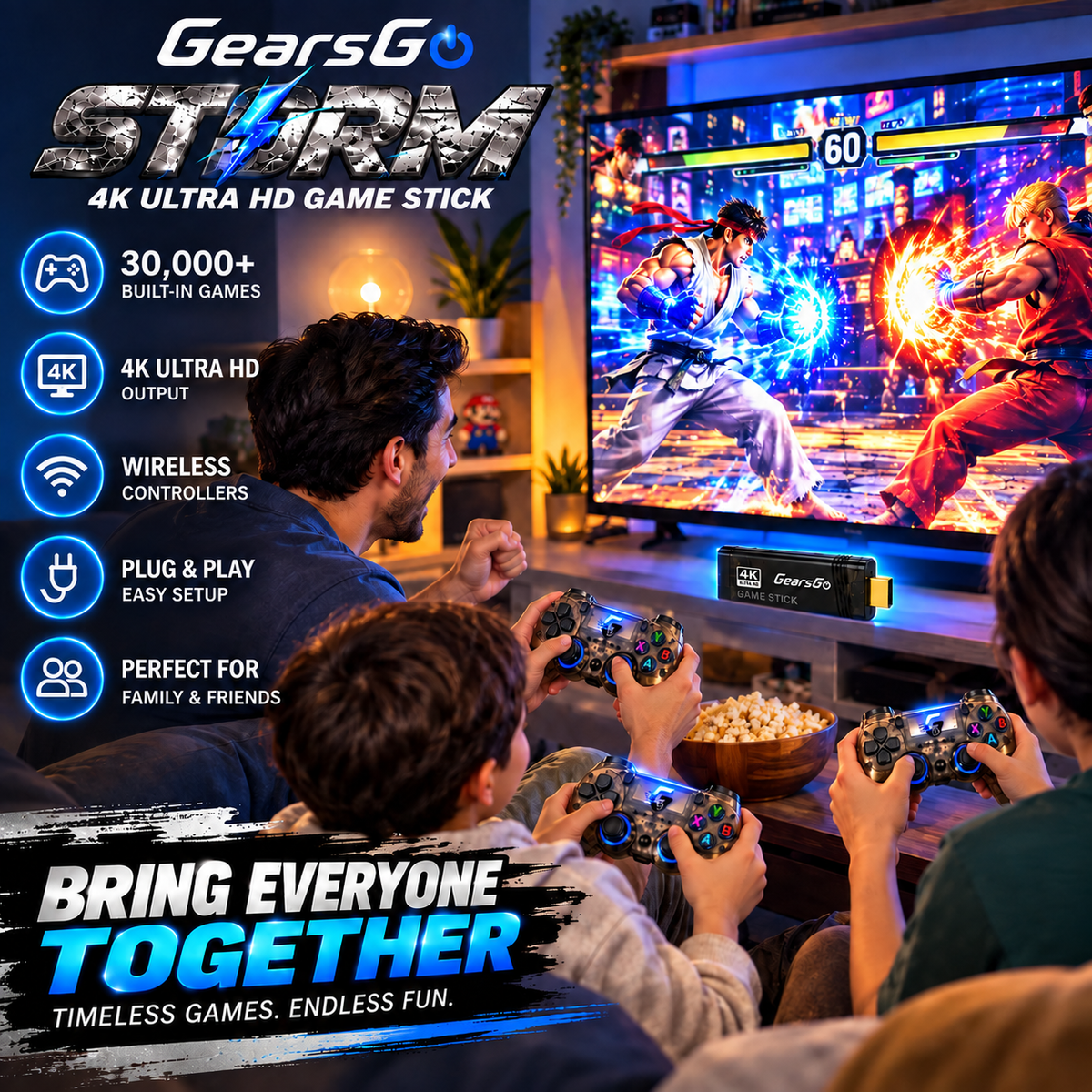 GearsGO™ STORM Premium 4K Game Stick | 30,000+ Games | 2 Rechargeable Controllers