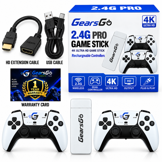 GearsGo™ 2.4G PRO 4K Game Stick | 20,000+ Built-in Games | 2 Rechargeable Wireless Controllers