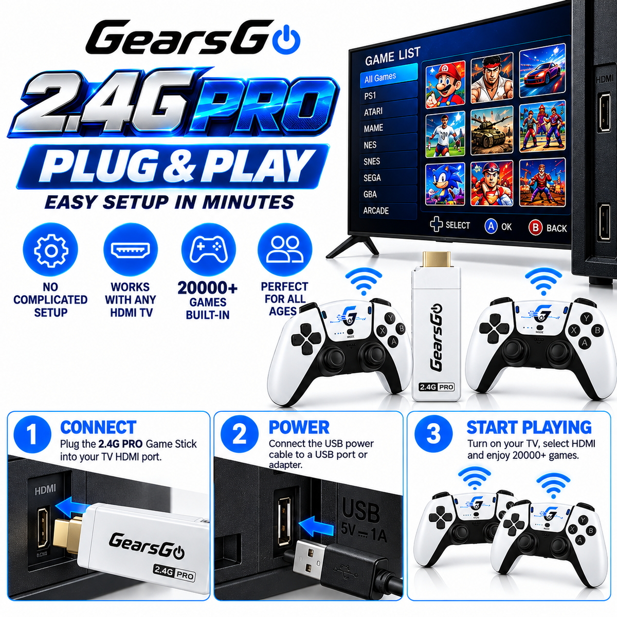 GearsGo™ 2.4G PRO 4K Game Stick | 20,000+ Built-in Games | 2 Rechargeable Wireless Controllers