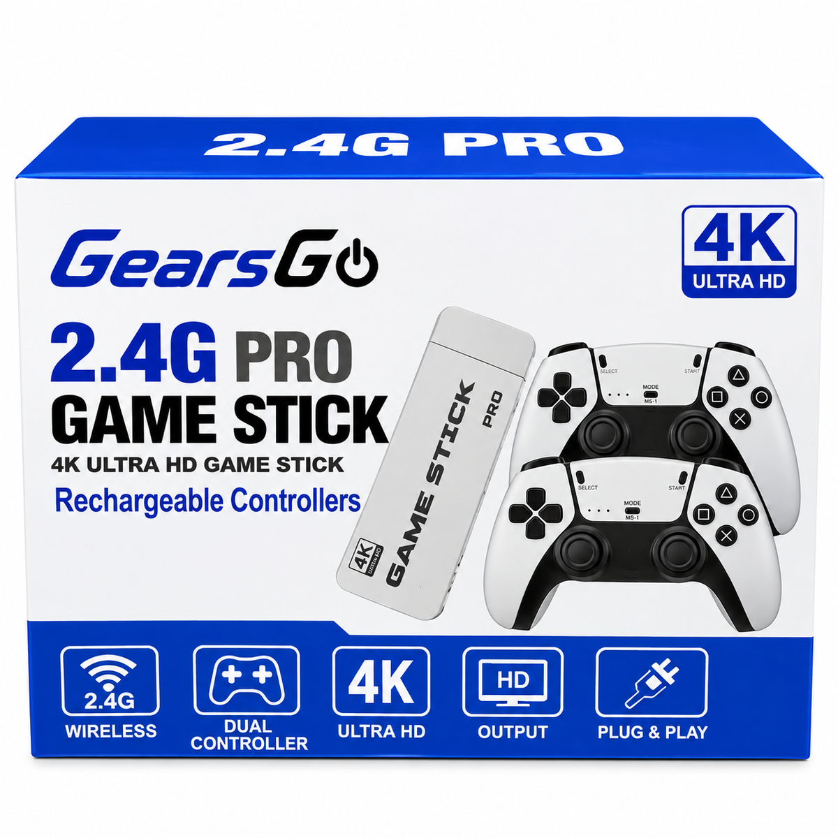 GearsGo™ 2.4G PRO 4K Game Stick | 20,000+ Built-in Games | 2 Rechargeable Wireless Controllers