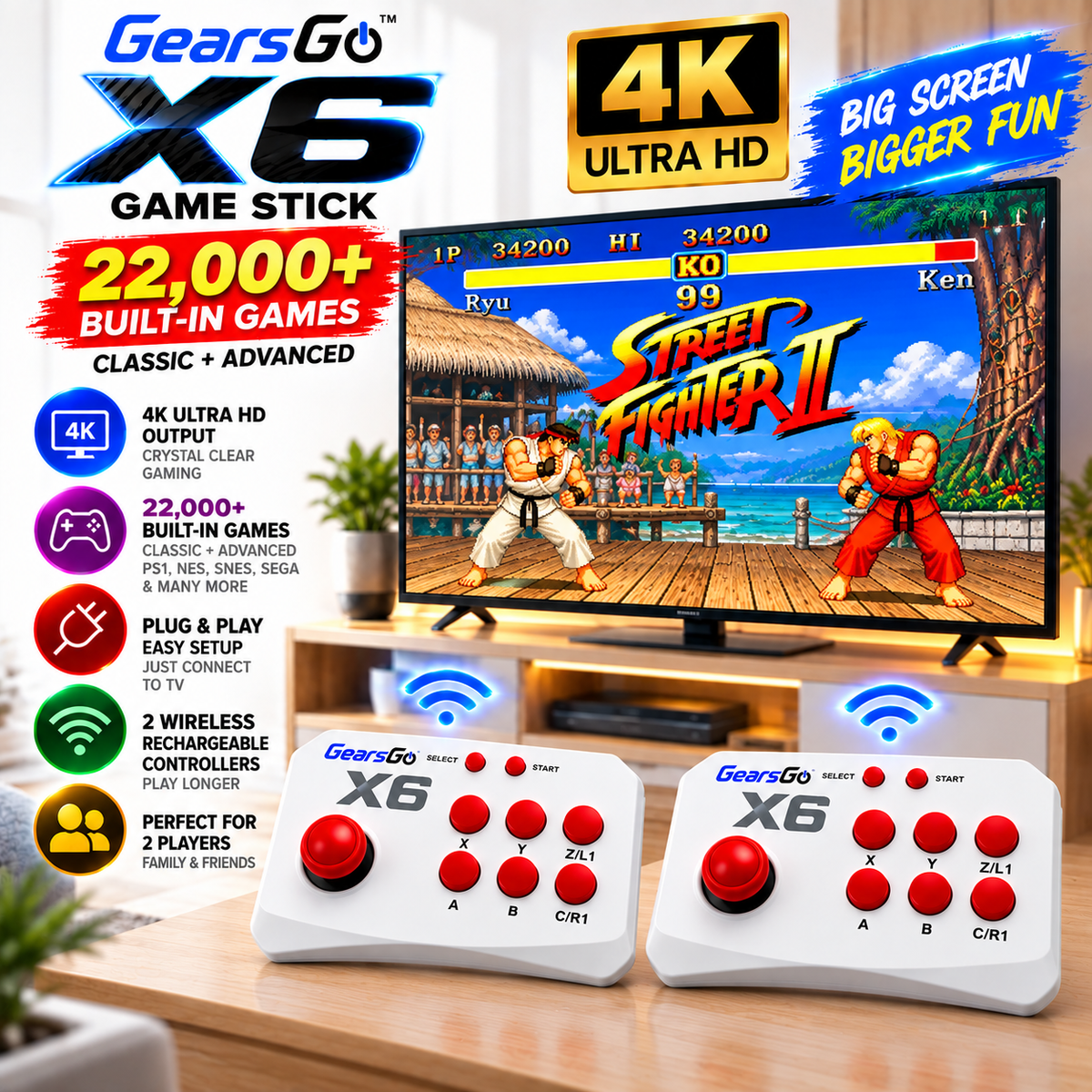 X6 Game Stick 4K Retro Gaming Console 64GB | 22,000+ Built-in Games | 2 Rechargeable Wireless Controllers | HDMI Plug & Play TV Game Console