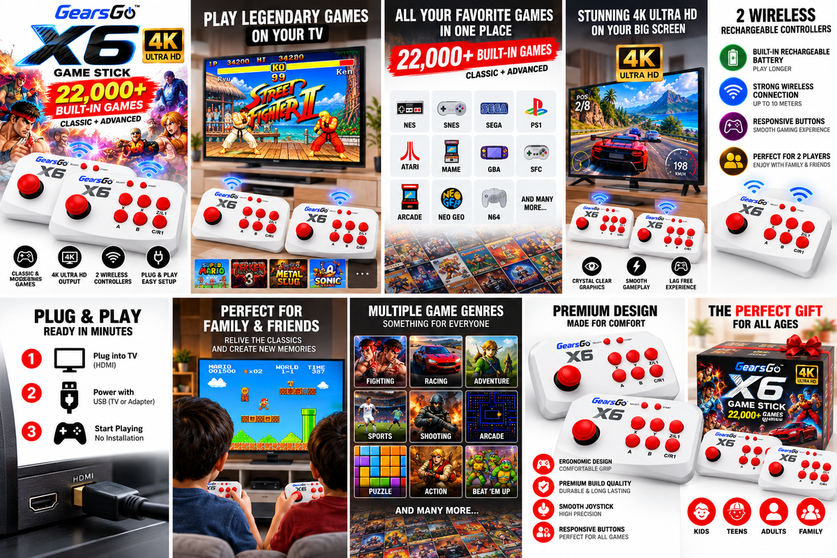 X6 Game Stick 4K Retro Gaming Console 64GB | 22,000+ Built-in Games | 2 Rechargeable Wireless Controllers | HDMI Plug & Play TV Game Console