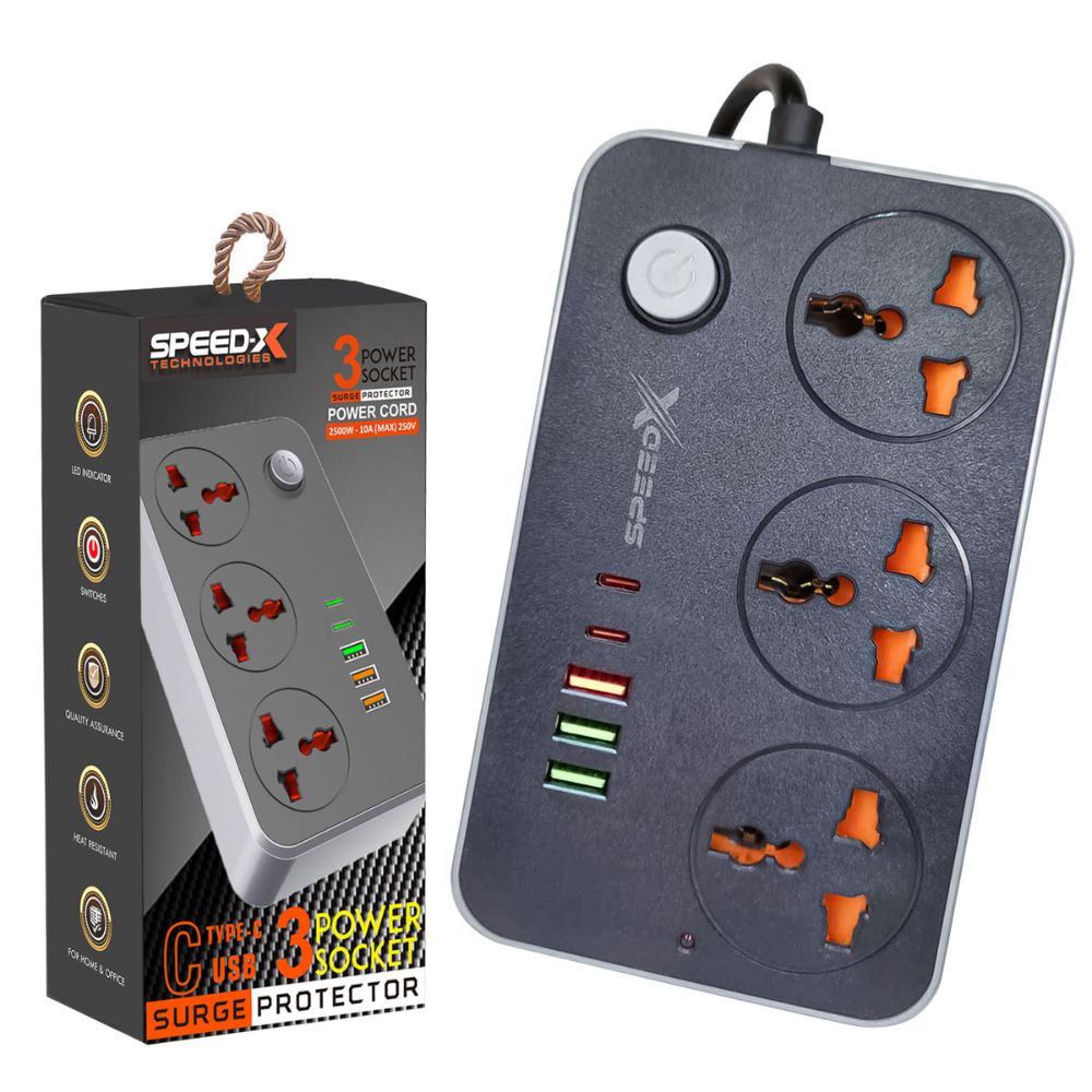 Speed-X 603PU Universal Travel Power Extension – 3 Sockets, 3 USB-A & 2 USB-C Ports