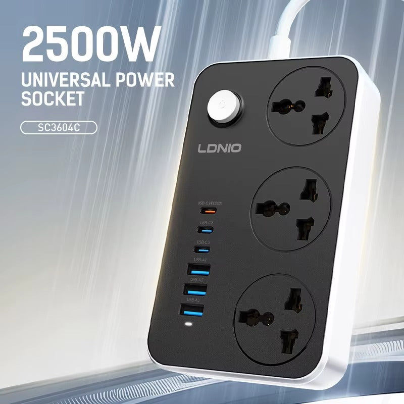 LDNIO SC3604C 2500W Power Extension – 3 Sockets + 3 USB-A + 3 USB-C Fast Charging Ports