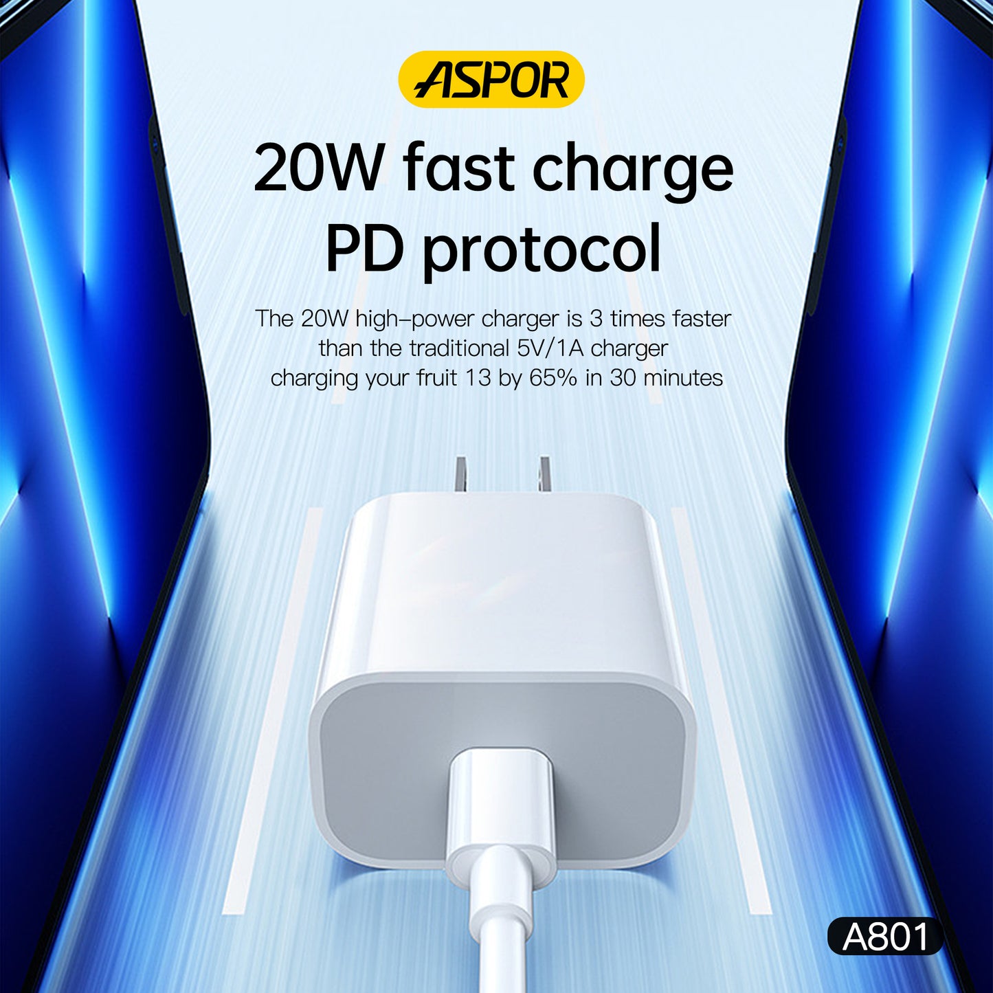 Aspor A801 New 20W USB-C Fast Charging QC 3.0 Charger – White