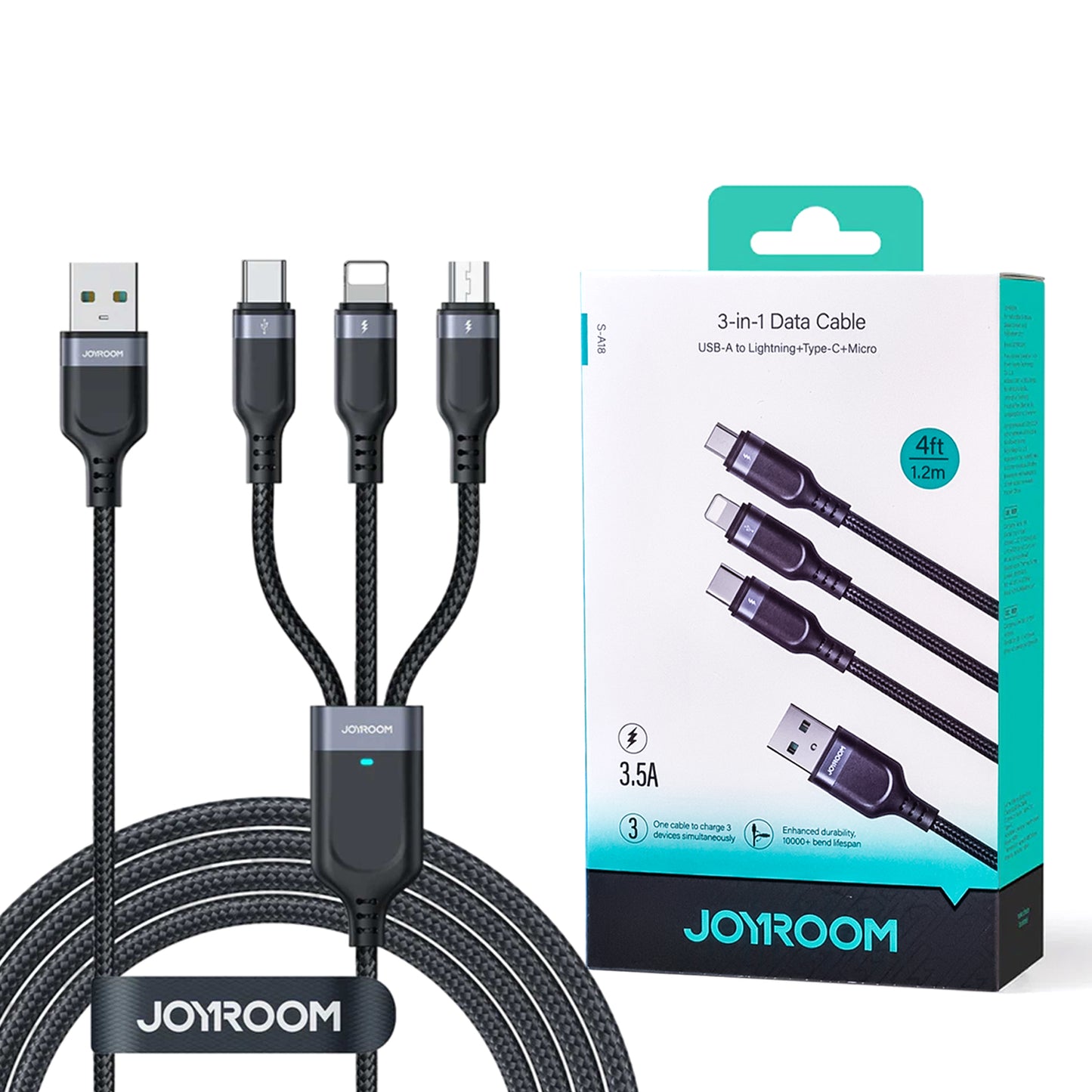 JOYROOM S-1T3018A18 3-in-1 Fast Charging Cable 1.2M | USB-A to Lightning, Type-C & Micro USB | 3.5A High-Speed Data & Charging Cable