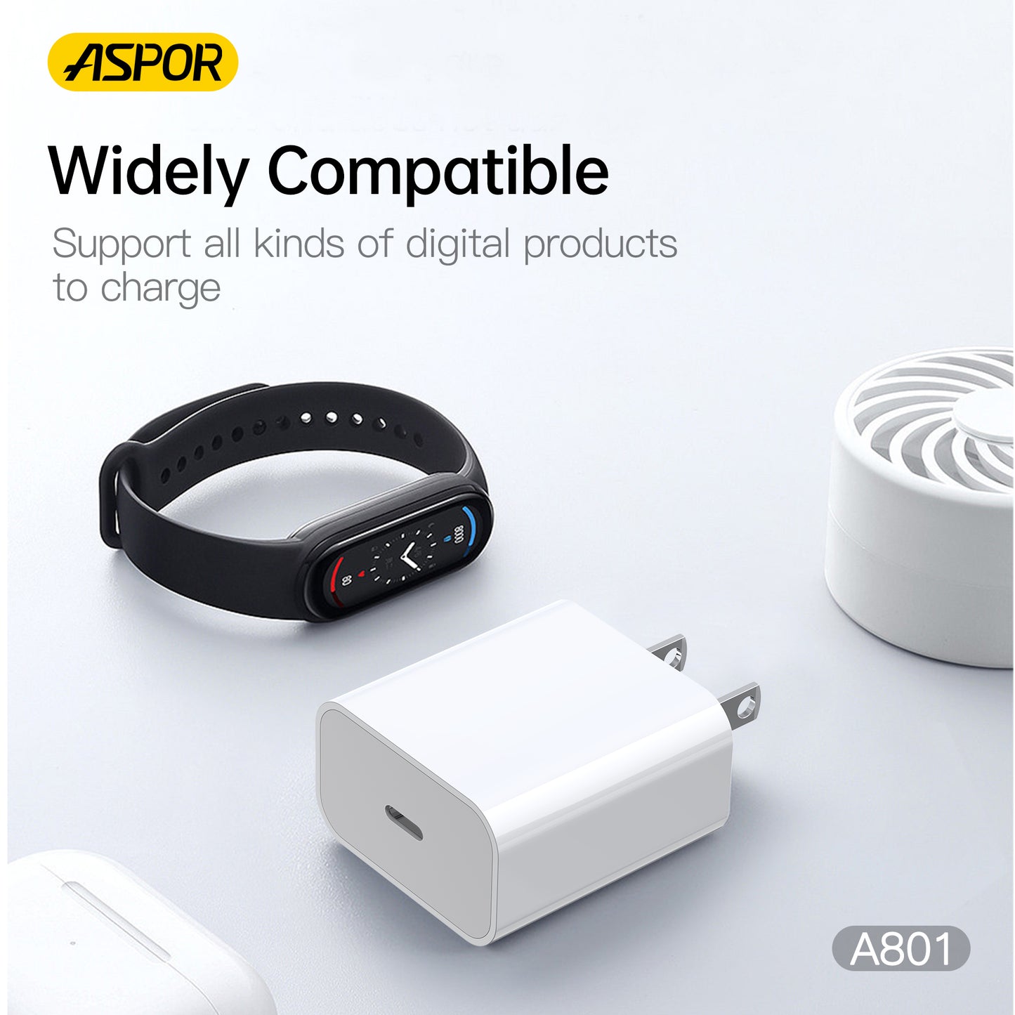 Aspor A801 New 20W USB-C Fast Charging QC 3.0 Charger – White
