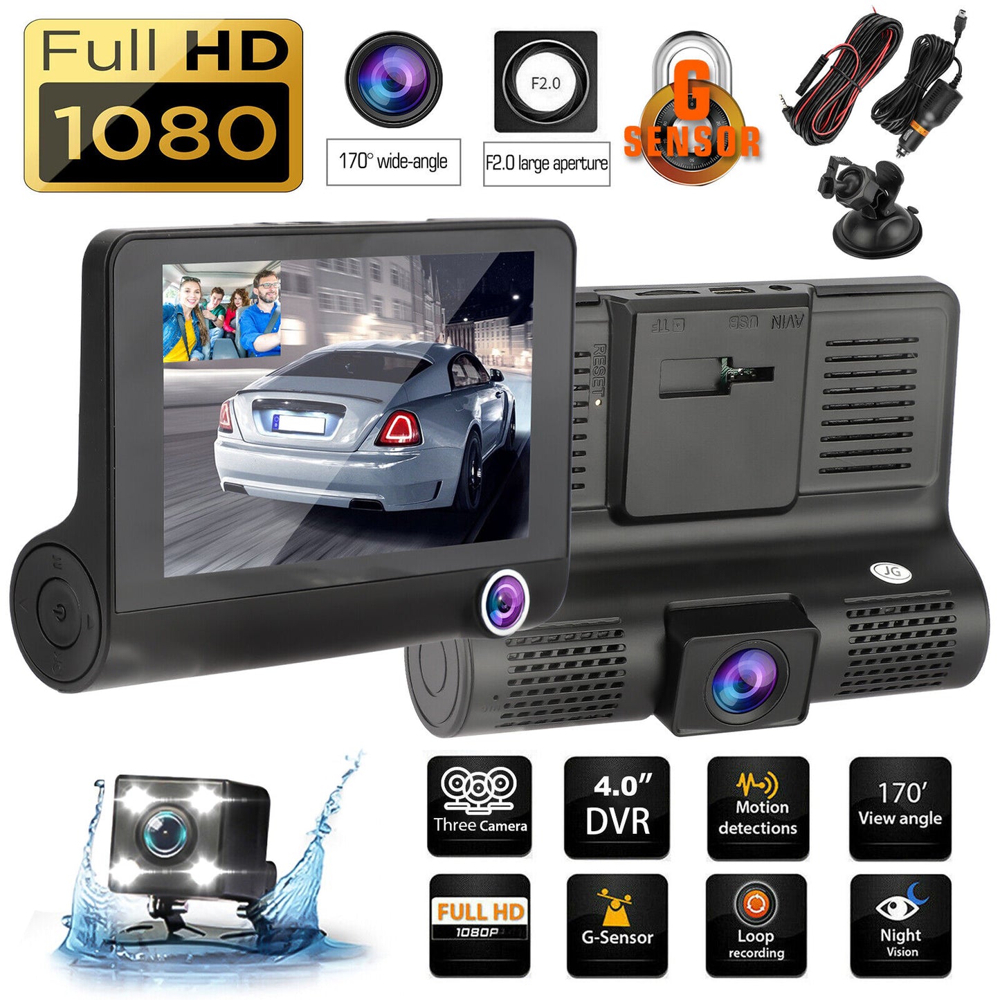 WDR 3-Lens Dash Cam Full HD 1080P – Triple Camera Car DVR Recording System