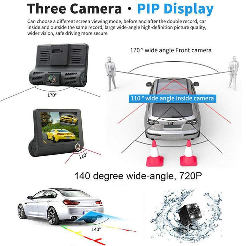 WDR 3-Lens Dash Cam Full HD 1080P – Triple Camera Car DVR Recording System