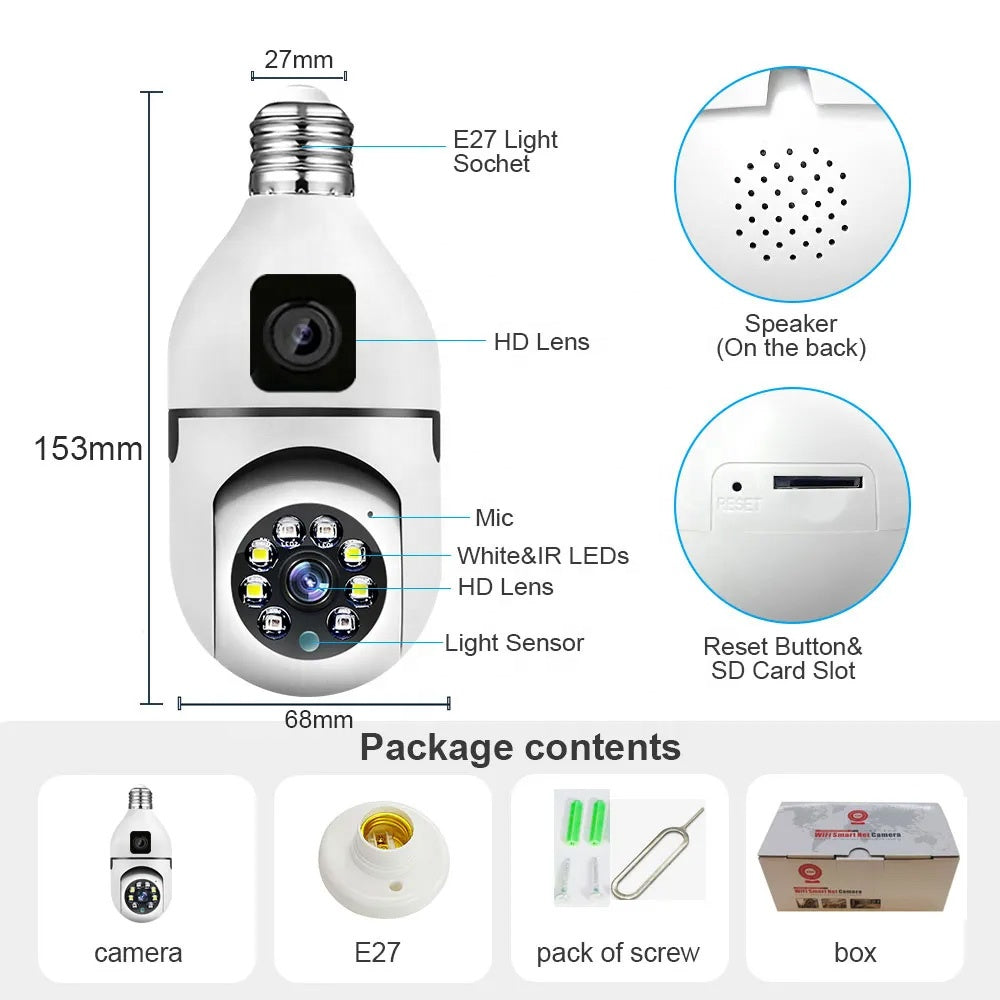 Speed-X SP-E28-2 Dual Lens Bulb Camera – 1080P WiFi Panoramic Security Camera with Night Vision