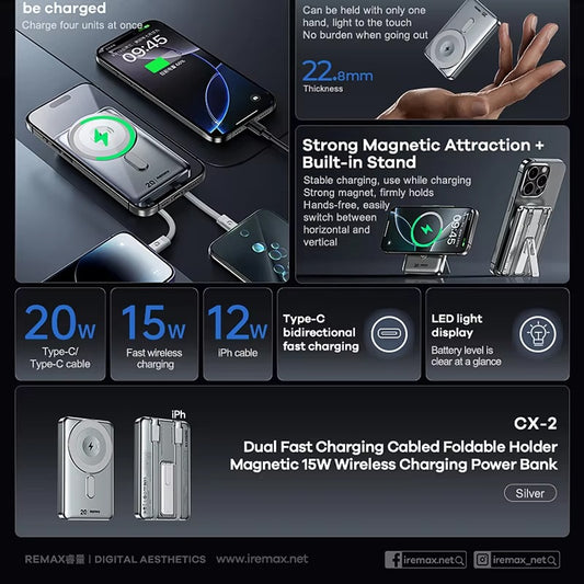 Remax CX-2 10000mAh 15W Magnetic Wireless Power Bank with Foldable Stand | 20W PD Fast Charging | Silver