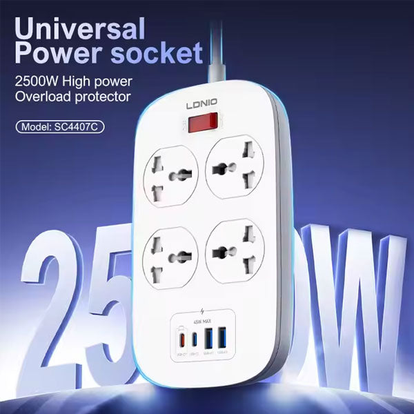 LDNIO SC4407C 2500W Power Extension | 4 Universal Sockets | 2 USB-A + 2 USB-C | 45W PD Fast Charging | 2M Cable