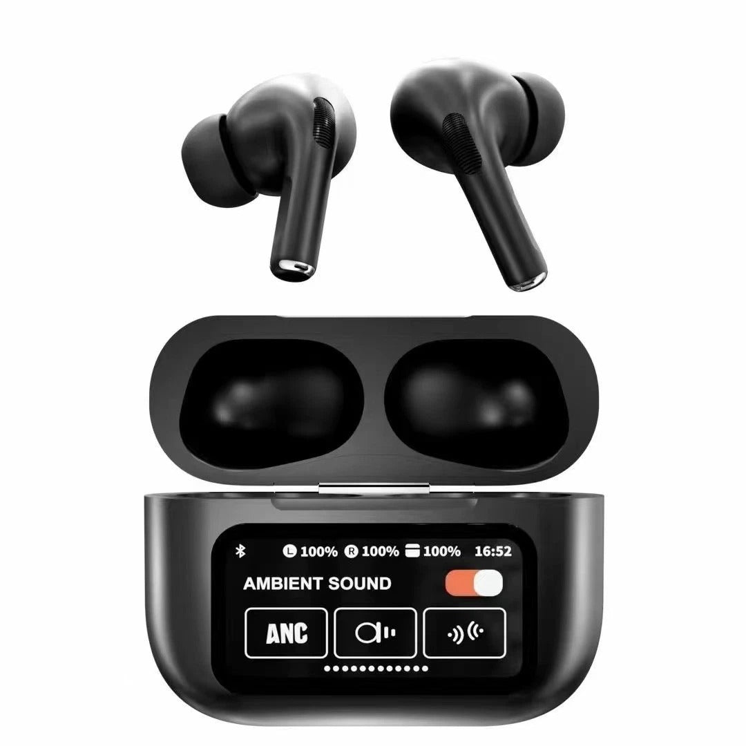 A9 Pro Wireless Earbuds with ANC/ENC Display & Touch Control – Bluetooth 5.4 Earbuds Black