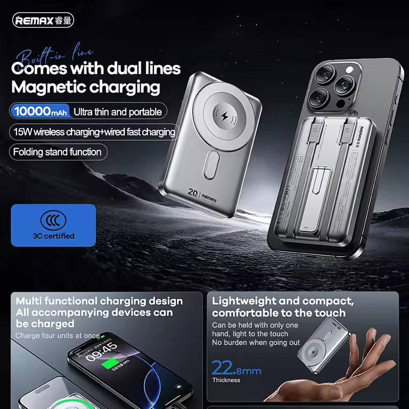 Remax CX-2 10000mAh 15W Magnetic Wireless Power Bank with Foldable Stand | 20W PD Fast Charging | Silver