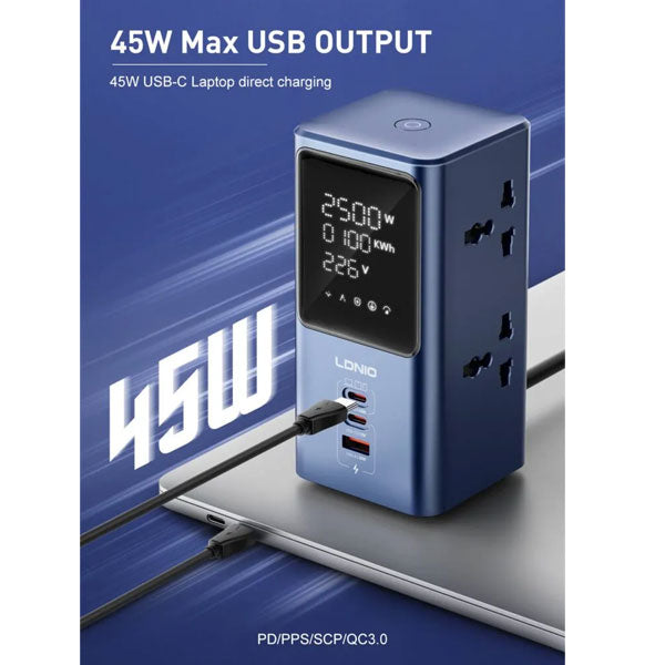LDNIO SC2 7-in-1 Power Extension | 45W Fast Charging | 2500W | 4 Universal Sockets | 2 USB-C + 1 USB-A | 2M Cable