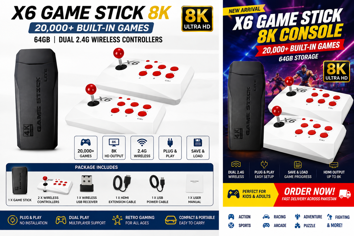 X6 Game Stick 8K Console 64GB with Dual 2.4G Wireless Controllers – 20000+ Games