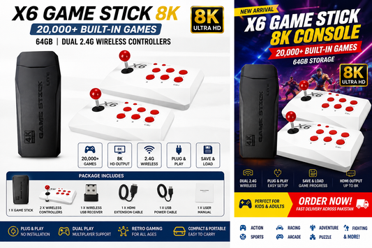 X6 Game Stick 8K Console 64GB with Dual 2.4G Wireless Controllers – 20000+ Games