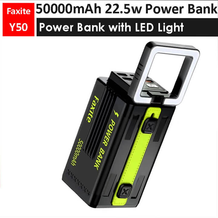 FAXITE Y50 50000mAh 22.5W Fast Charging Power Bank with LED Light – Portable High Capacity Battery Pack Black