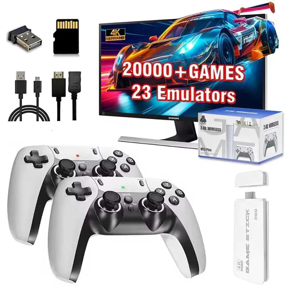 M15 Plus 4K Game Stick Console – 20,000+ Retro Games | Dual Wireless Controllers | HDMI Plug & Play Gaming Console original