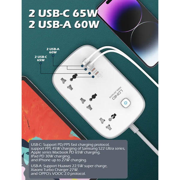 LDNIO SC3416 65W GaN Fast Charging 3250W Power Extension – Premium Power Solution