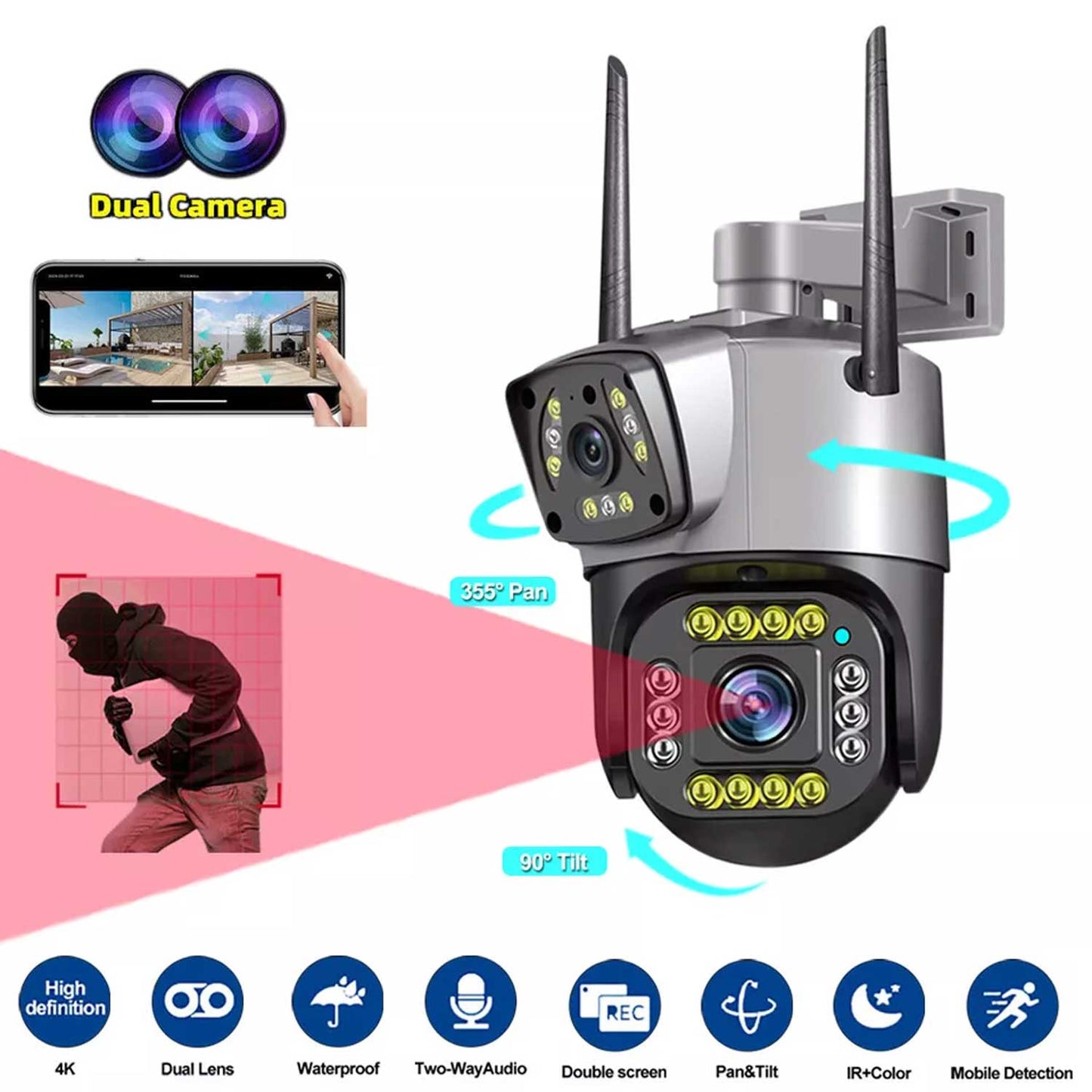 Speed-X SPZ-702 Dual Lens WiFi Outdoor Security Camera – 4MP Full Color Night Vision Smart Surveillance