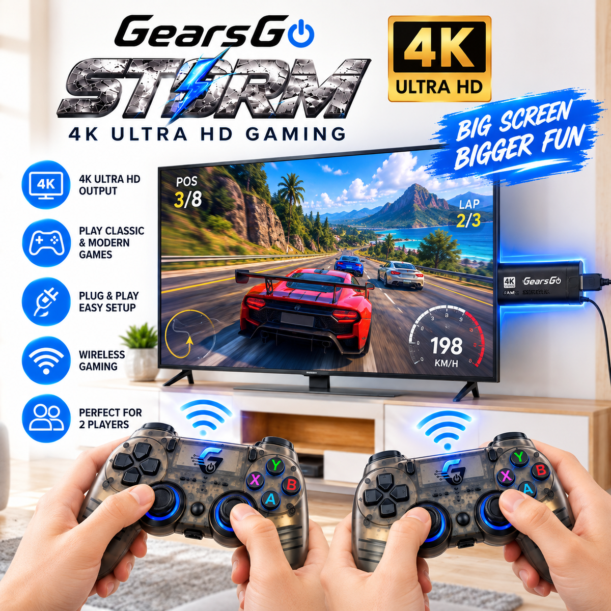 GearsGO™ STORM Premium 4K Game Stick | 30,000+ Games | 2 Rechargeable Controllers
