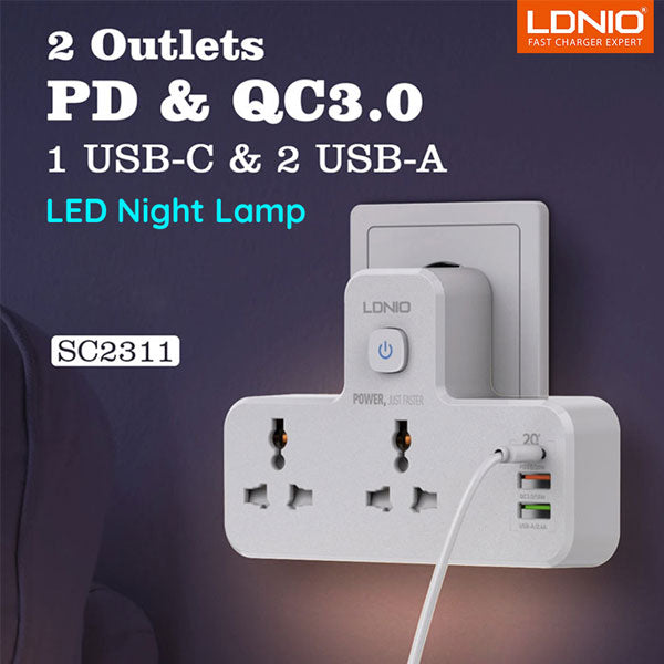 LDNIO SC2311 20W PD Fast Charging 2500W Power Extension with Touch Night Lamp