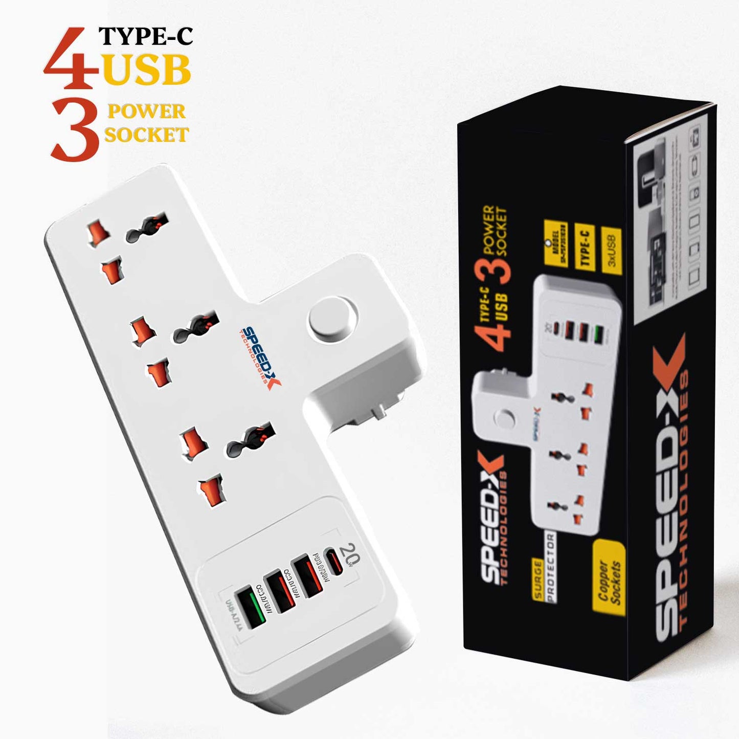 Speed-X 304PUC Premium Portable Power Strip | 3 Universal Sockets | 3 USB + 1 USB-C | 1500W | Compact Extension Board
