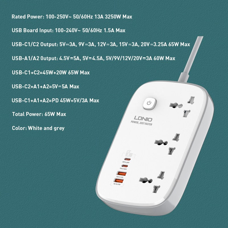 LDNIO SC6 45W GaN Fast Charging 3250W Power Extension – Smart Power Hub for Home & Office