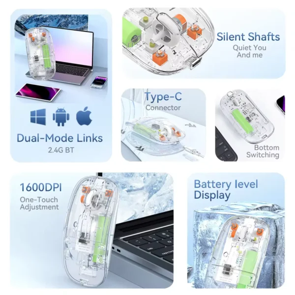 New Transparent Wireless+bluetooth Dual-mode Rechargeable Mouse - Image 2