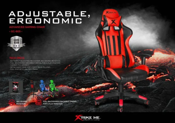 Xtrike Me Gc-905 Bk Ergonomic Adjustable Gaming Chair Caster Wheels Red - Image 4