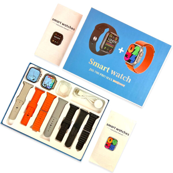 JSS-700 Pro Max Dual Smart Watch – 7 Straps + 1 Silicone Case, Bluetooth Call, and Heart Rate Monitor (Dual Dial Black + Gold)