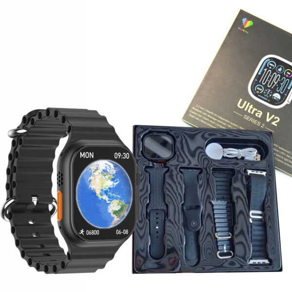 Ultra V2 Smart Watch – 2.2-Inch Large Screen, 4 Straps, and WearFit Pro App (Black)